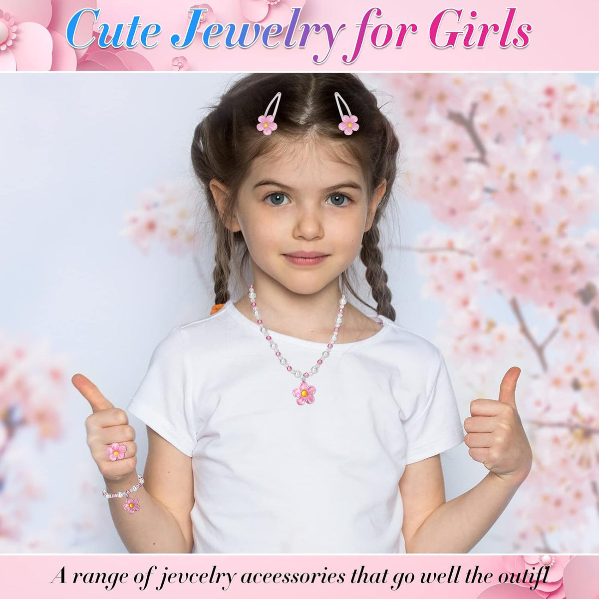 BGSHEMNI Girls Flower Jewelry Set - Toddler Dress up 5 Piece Pretend Plasy Toy Jewelry Box Set with Bead Necklace, Bracelet Ring and Hair Clips - Play Accessories - Ages 3+ Girl Birthday Gifts