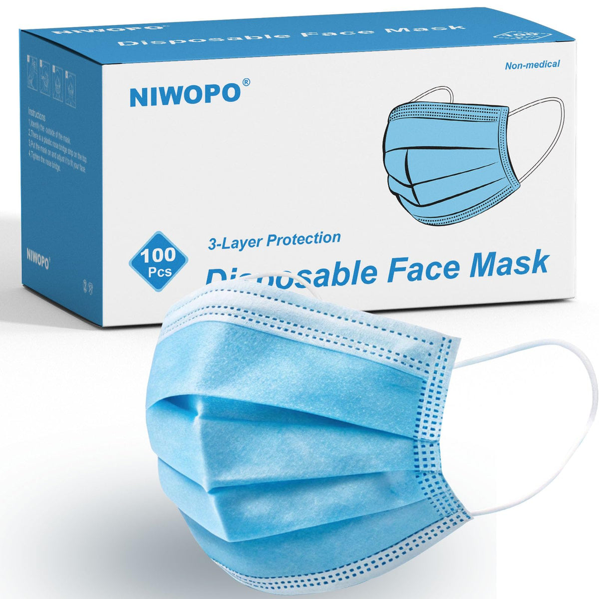 Disposable Face Masks 100 Pack, 3 Ply Breathable Filter Mask with Adjustable Nose Clip & Soft Elastic Ear Loops