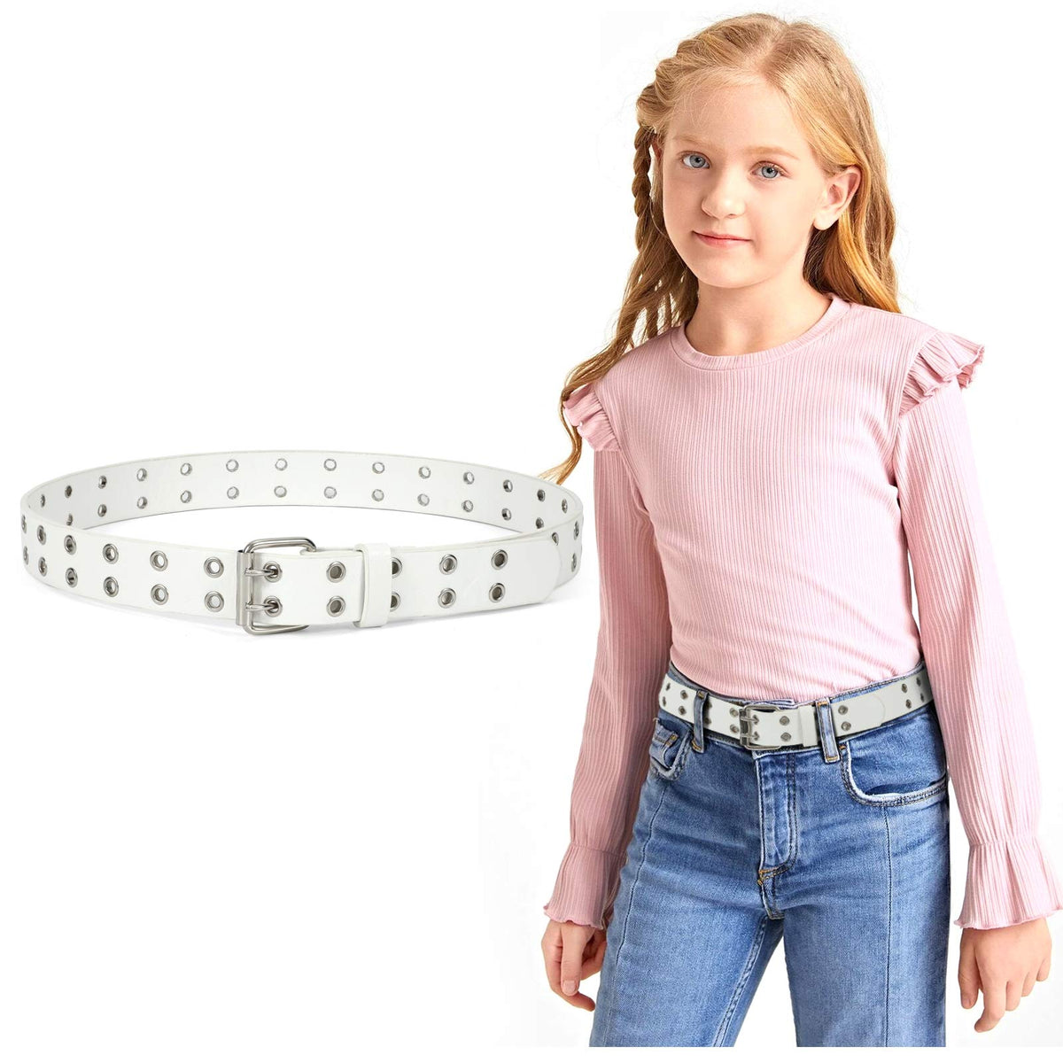 JASGOOD Kids Double Grommet Belt for Girls and Boys, PU Leather Kids Double Studded Holes Belt for Jeans Pants