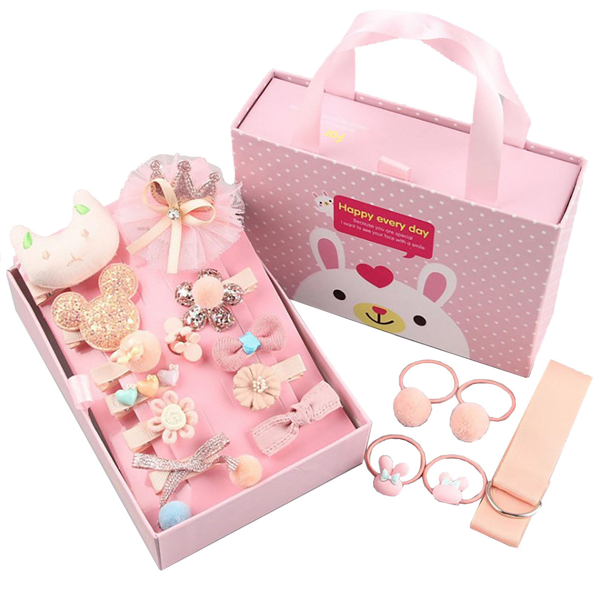 18 Pcs Cute Kids Hair Accessories Bow Elastic Hair Bands Toddler Hair Clips Various Styles Girls Hair Accessories With Organizer and Gift Box Suitable for Girls Baby Teenage Use