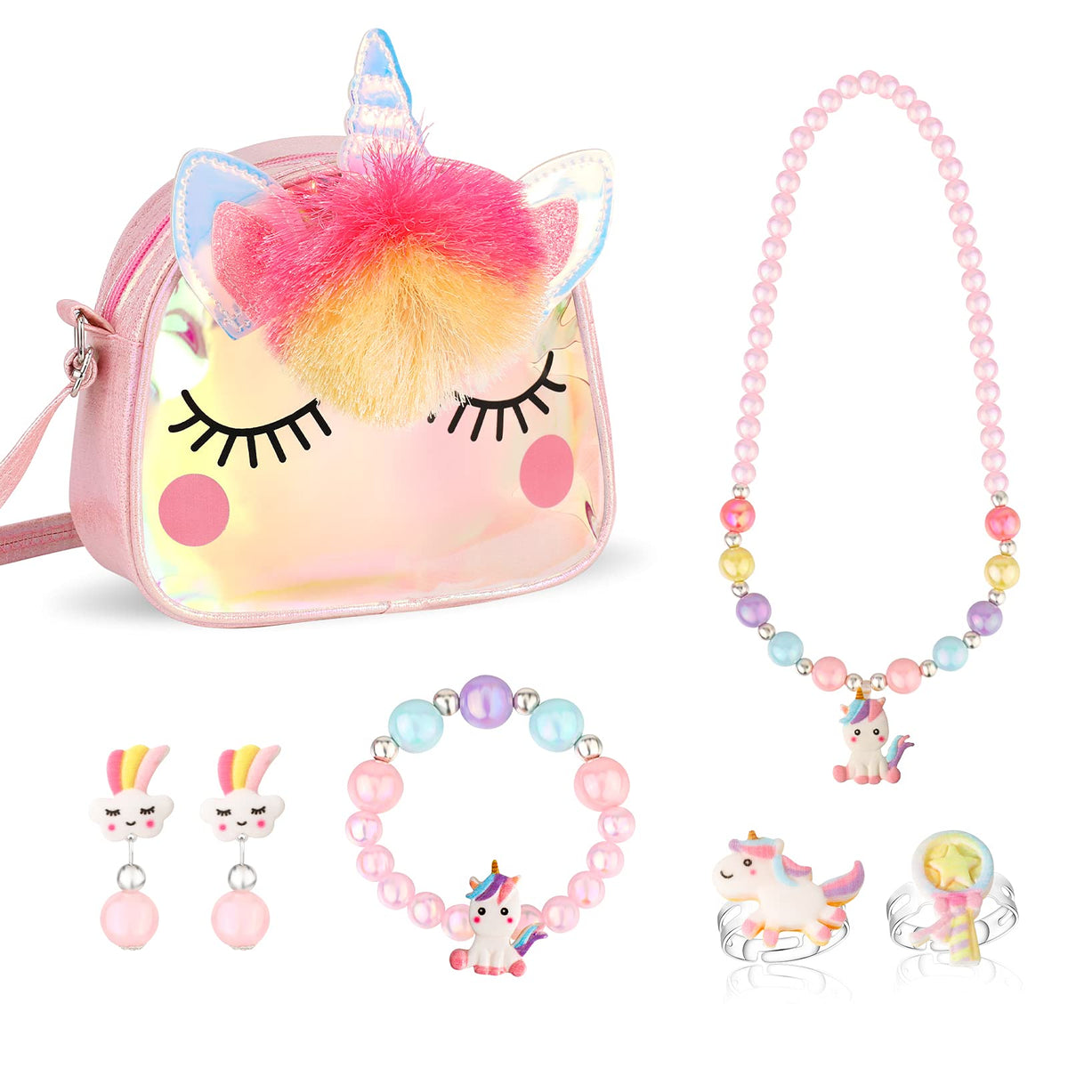 Hifot Kids Jewelry Little Girls Plush Handbag Necklace Bracelet Earrings Ring Hair Clips Set, Princess Costume Jewelry Party Favors Gift for Dress up Pretend Play (3-8 Years)