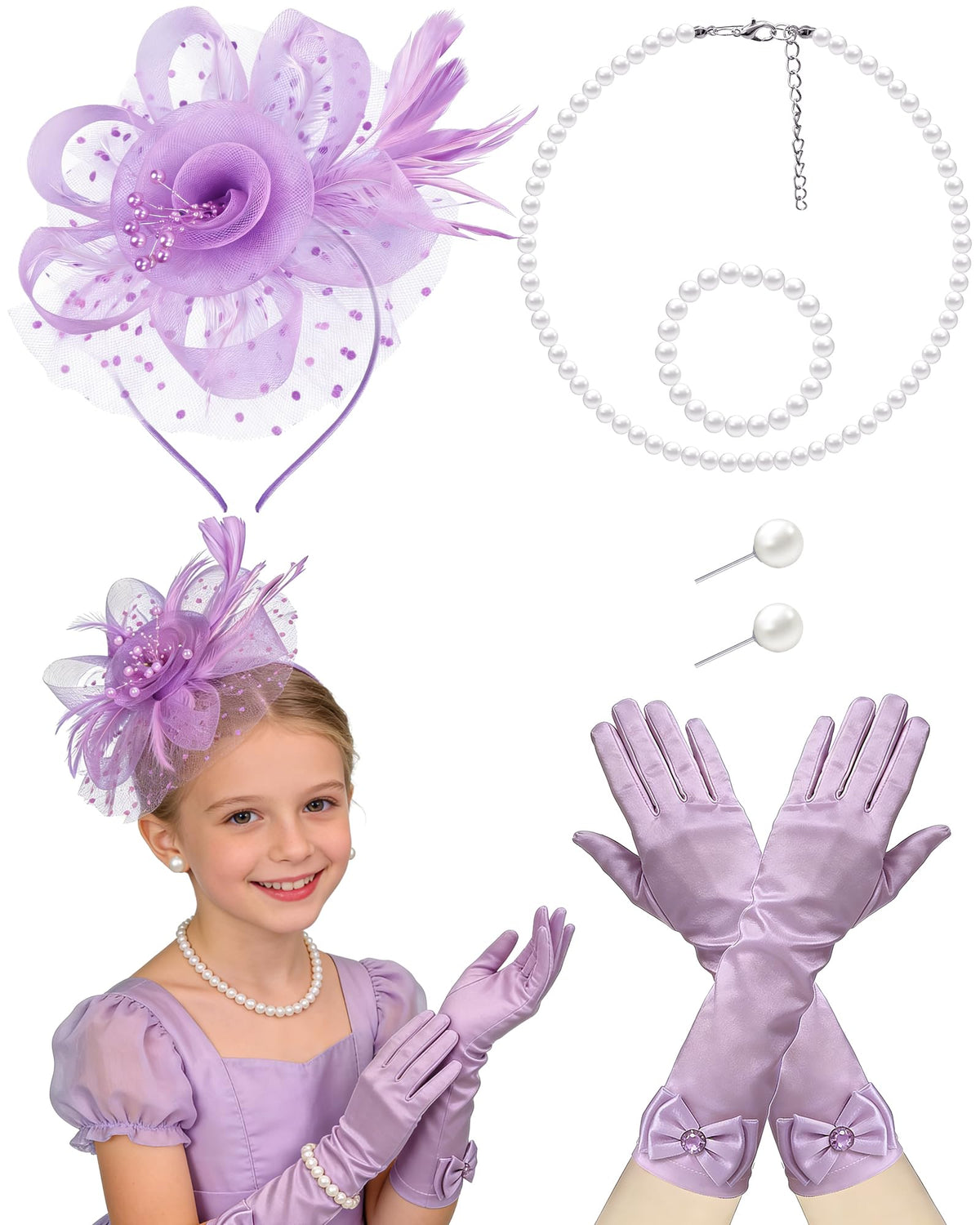Girls Tea Party Fascinators Hats with Lace Gloves Pearl Necklace Earring Jewelry for Tea Party Wedding Accessories