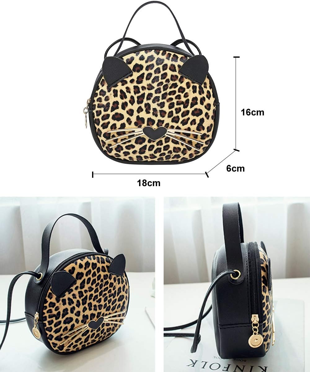 Cute Cat Purse Leopard Crossbody Bag Mini Shoulder Bag Handbags for Kids Women Teens Girls (Brown)