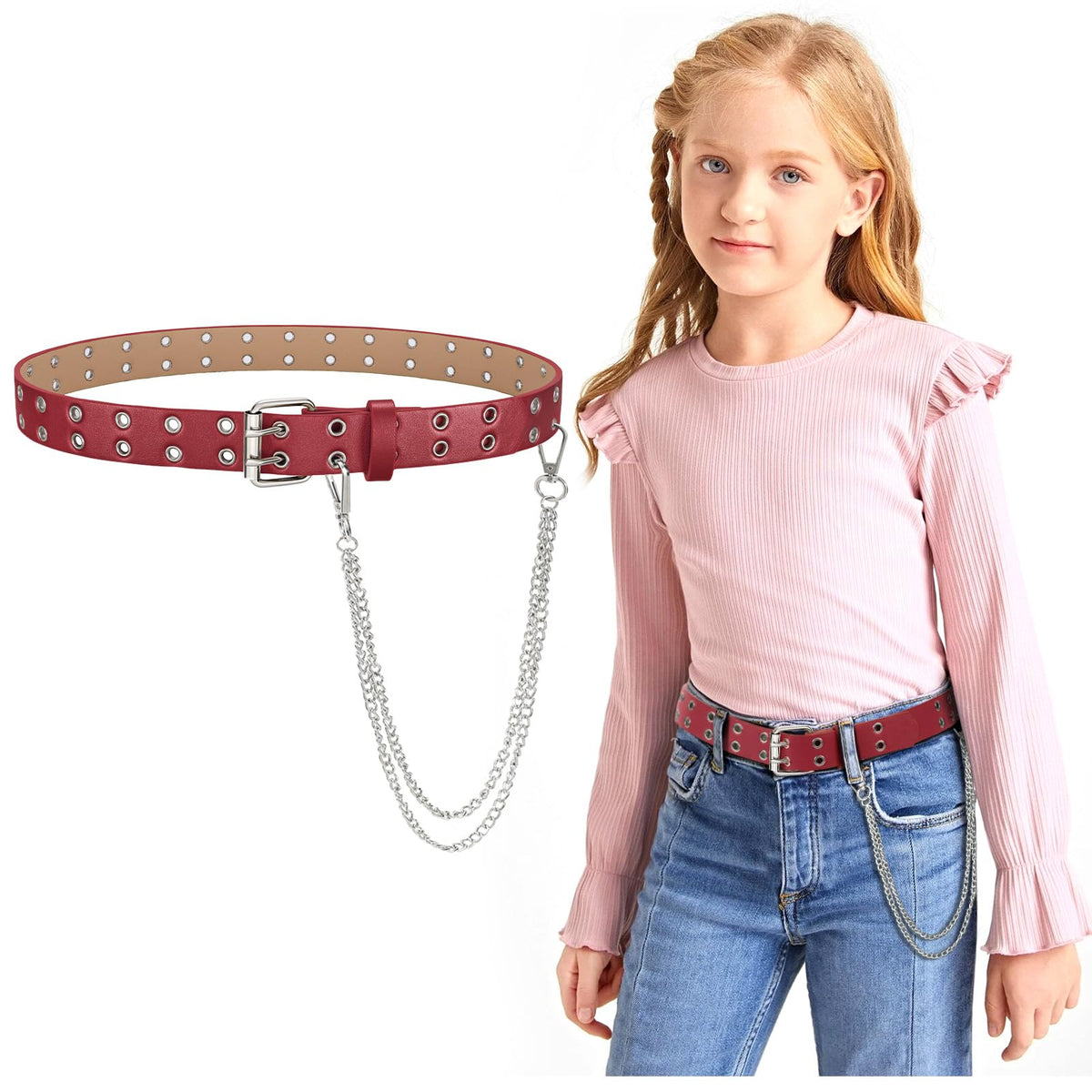 JASGOOD Kids Double Grommet Belt for Girls and Boys, PU Leather Kids Double Studded Holes Belt for Jeans Pants