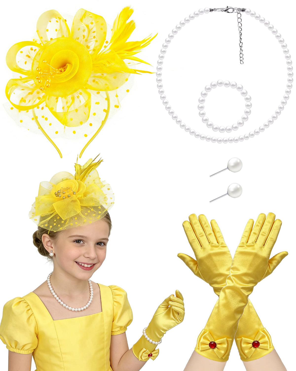 Girls Tea Party Fascinators Hats with Lace Gloves Pearl Necklace Earring Jewelry for Tea Party Wedding Accessories