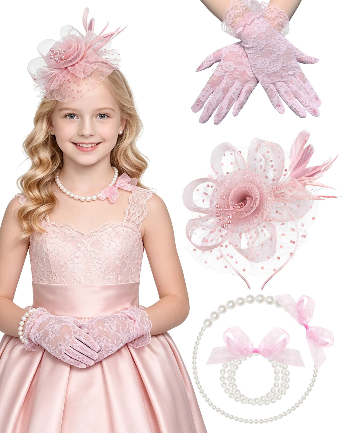 Girls Tea Party Fascinators Hats Lace Gloves Pearl Necklace Set for Wedding 1920s Tea Party Accessories