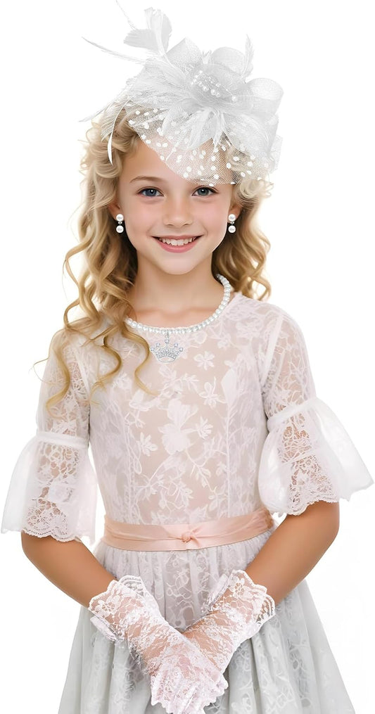 5Pcs Girls Tea Party Fascinators Hats Tea Party Headband and Lace Glove Set for Girls 1920s Party