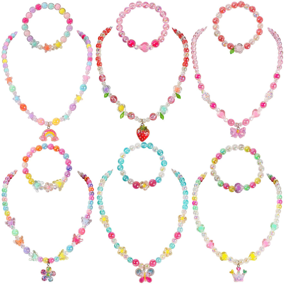 PinkSheep Kids Classic Jewelry, 6 Sets of Beaded Necklaces and Bracelets for Girls, Favors Bags for Girls Jewelry (Classic)
