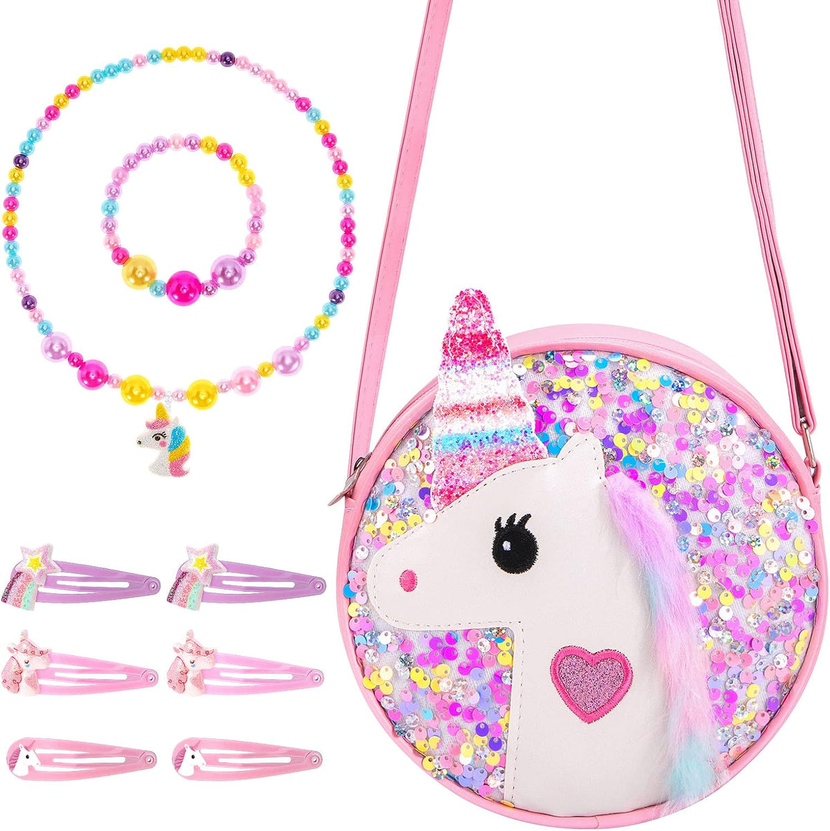 Hifot Unicorn Crossbody Bag with Jewellery Set, Little Girl Glitter Handbag Necklace Bracelet Hair Clips Accessories Set Princess Jewelry Party Favors Gift Dress Up