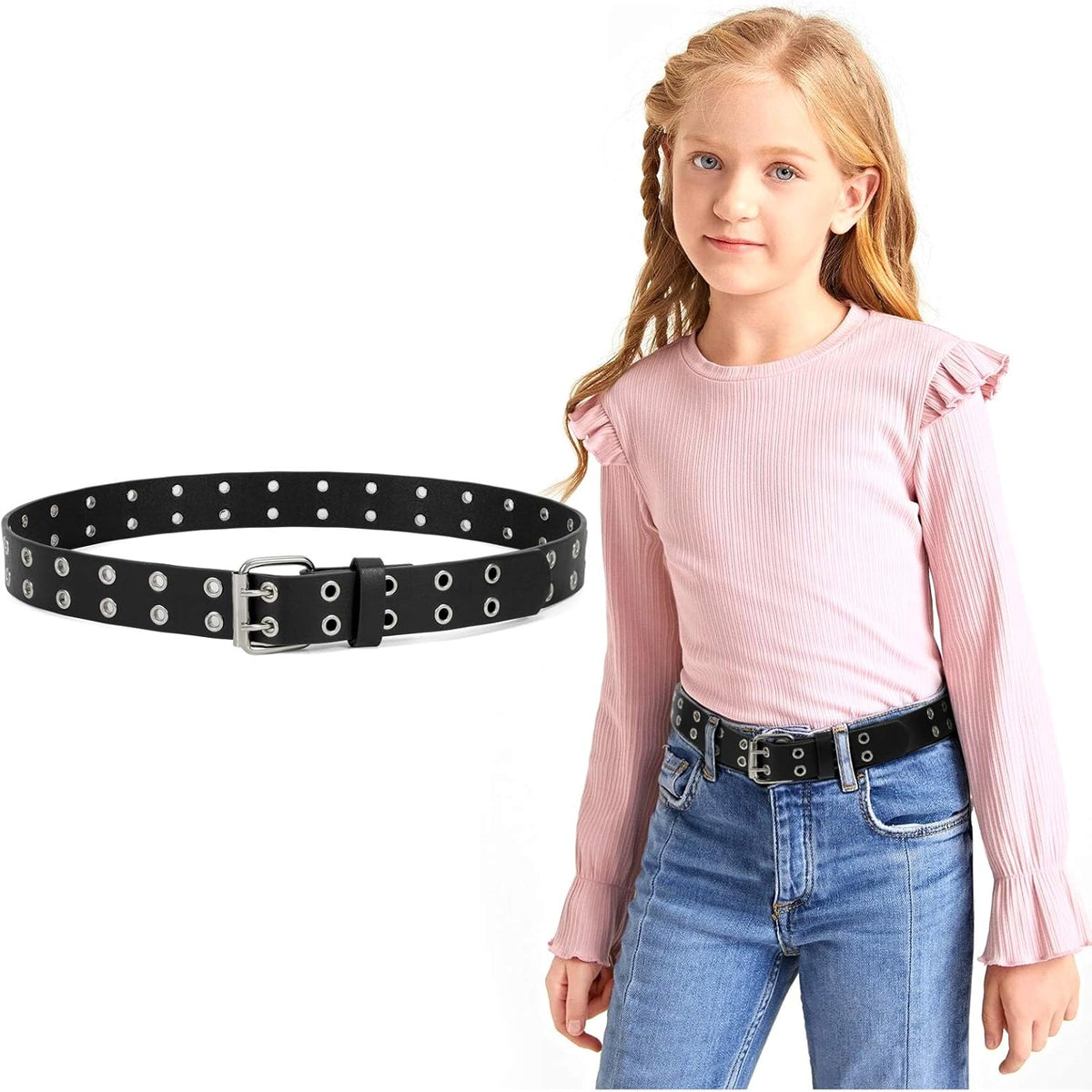 JASGOOD Kids Double Grommet Belt for Girls and Boys, PU Leather Kids Double Studded Holes Belt for Jeans Pants