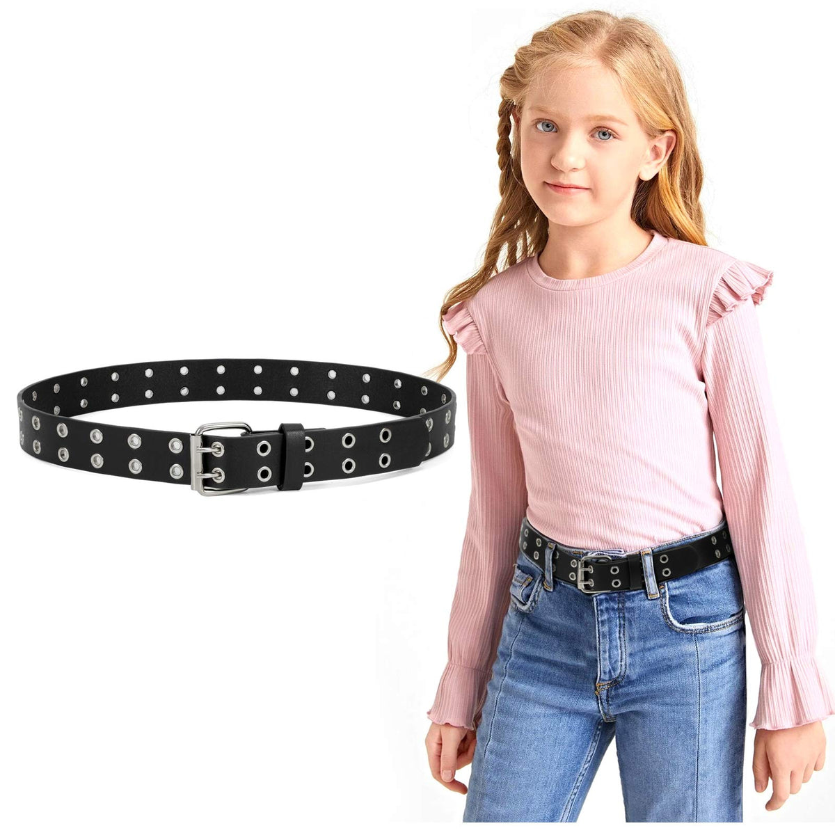 JASGOOD Kids Double Grommet Belt for Girls and Boys, PU Leather Kids Double Studded Holes Belt for Jeans Pants
