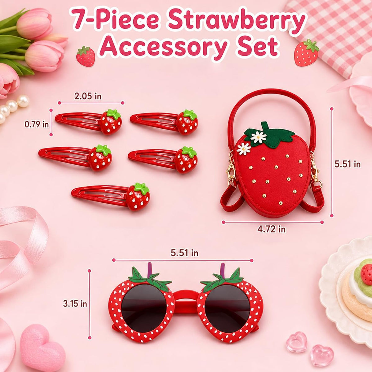 Strawberry Purse Accessory Set with 5 Red Hair Clips, 1 Red Strawberry Glasses, and 1 Red Bag，Daily Accessory Carrying, Special Occasion Styling