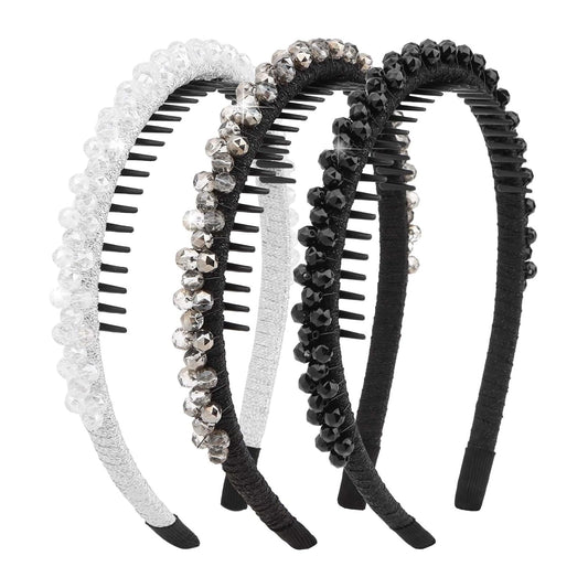 YISSION 3PCS Rhinestone Hair Headbands with Teeth, Sparkly Crystal Non-Slip Hair Hoops, Shiny Beaded Hair Accessories for Women Girls, Ideal for Party, Wedding, Daily Styling