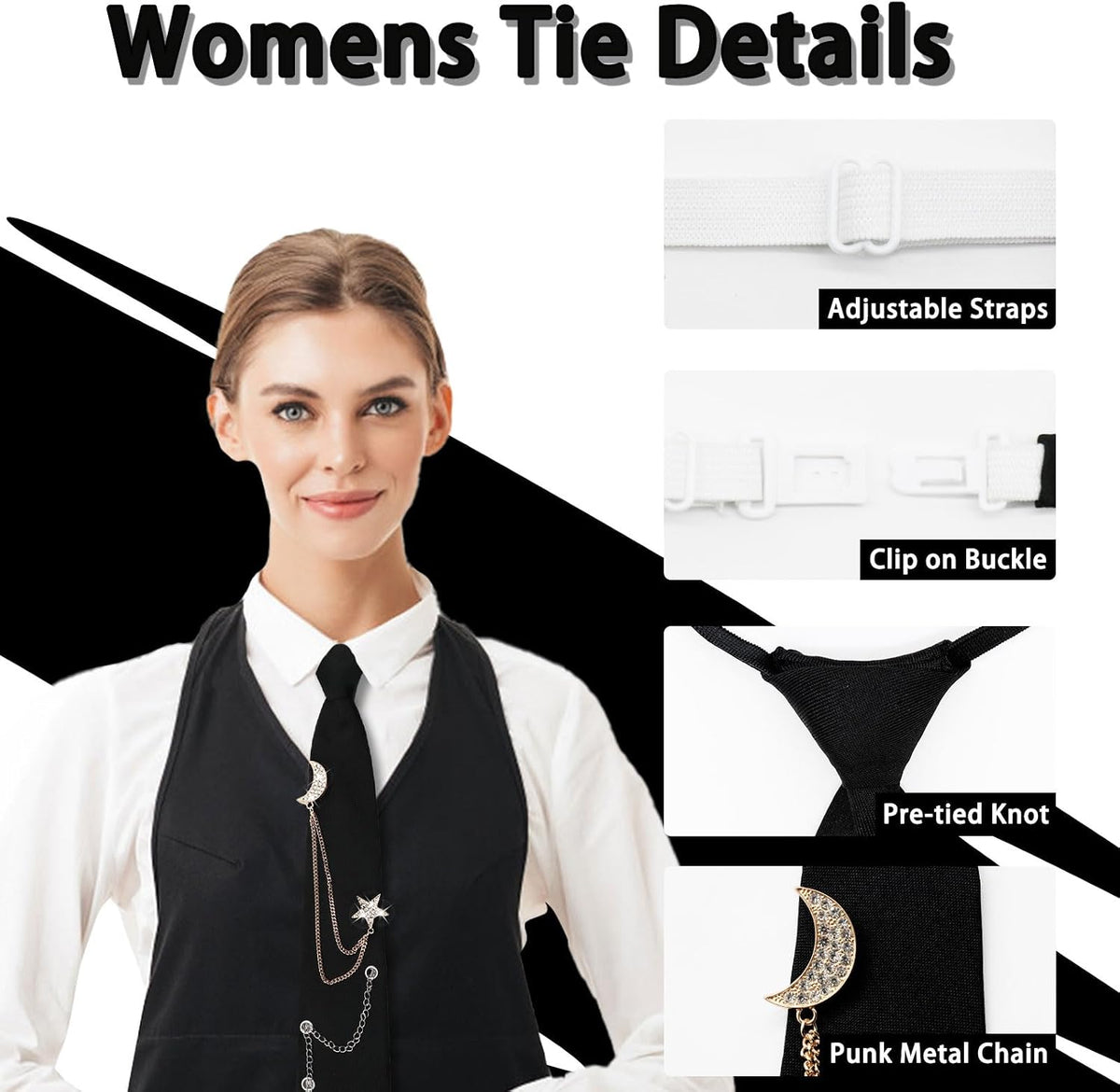 LJBFNN Black Ties for Women, Womens Tie with Metal Chain 2.76'' Pre-Tied Necktie for Girls School Uniform Shirt Accessory