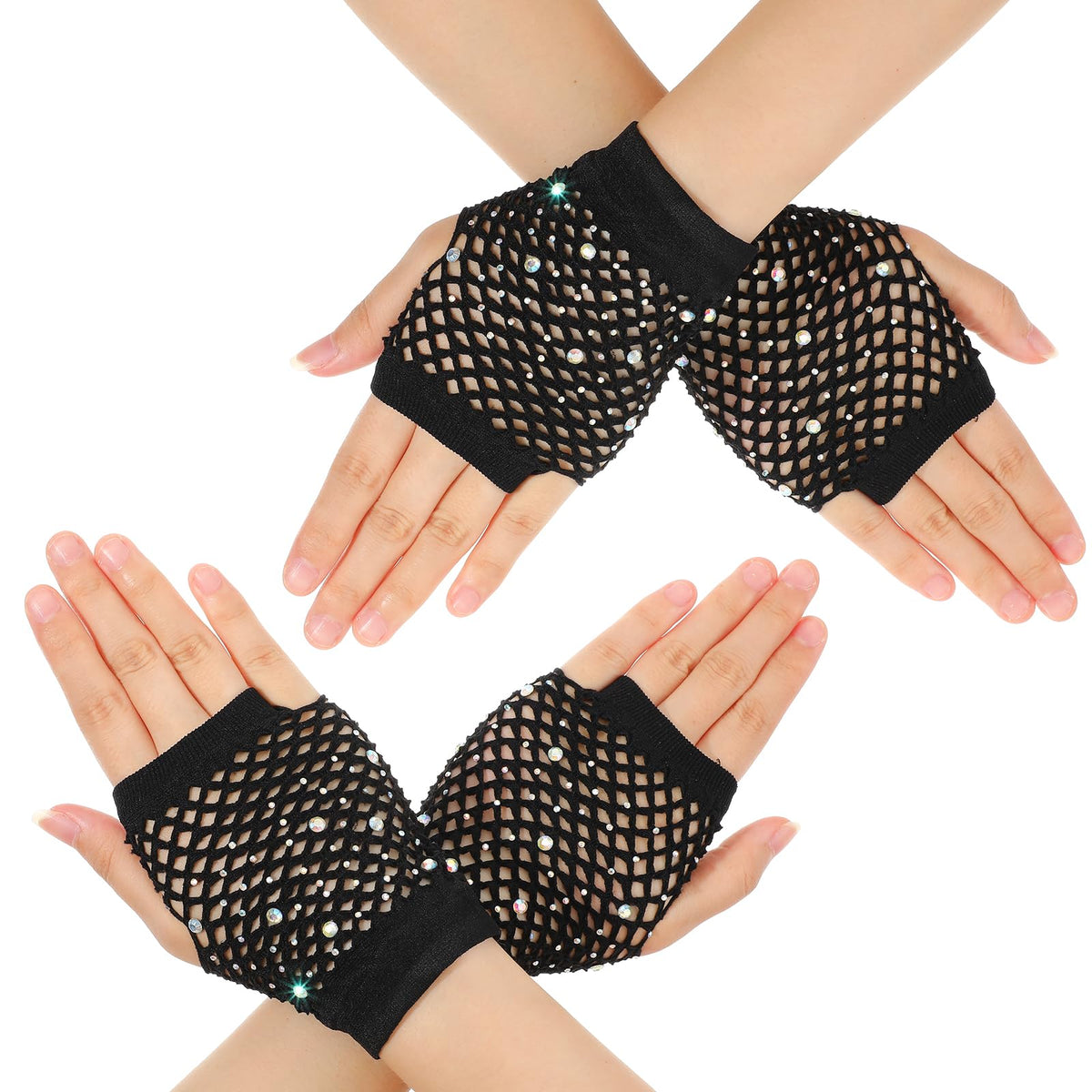 Lusofie 2 Pairs Short Kids Fishnet Gloves Fingerless with Rhinestone for Women girls Fingerless Gloves for 80s 90s Halloween
