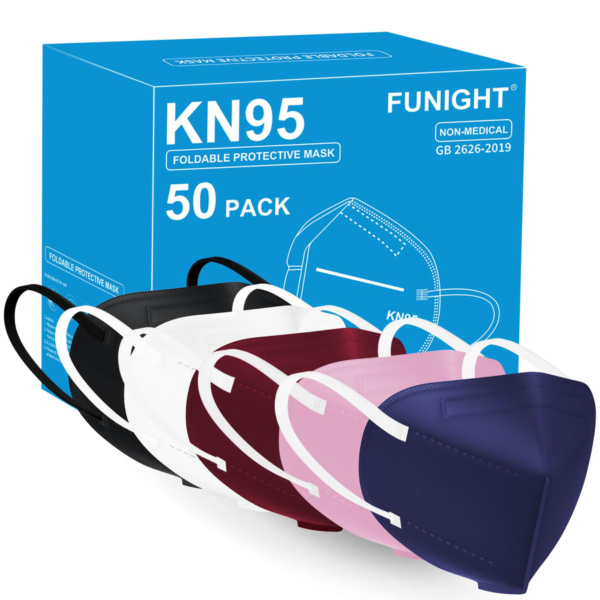 Funight KN95 Face Masks 50 Pack 5-Ply Breathable Filter Disposable Face Masks Black