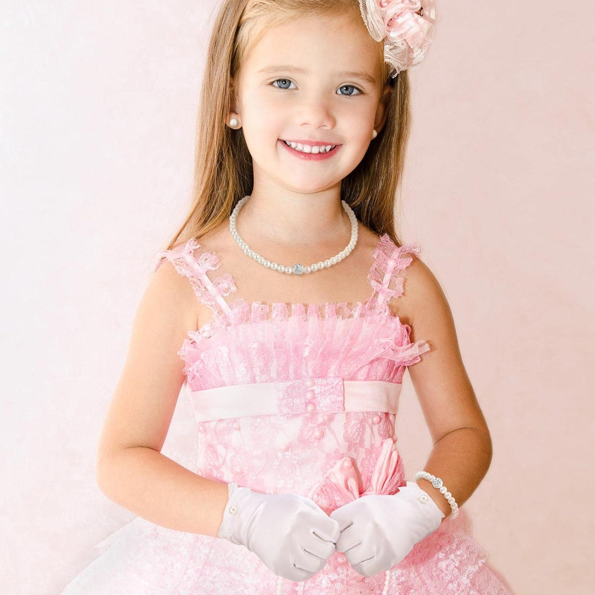 Geyoga 4 Pcs Pearl Necklace Set for Little Girls Toddler Girls Jewelry Communion Gloves for Kids Christmas Tea Party Wedding
