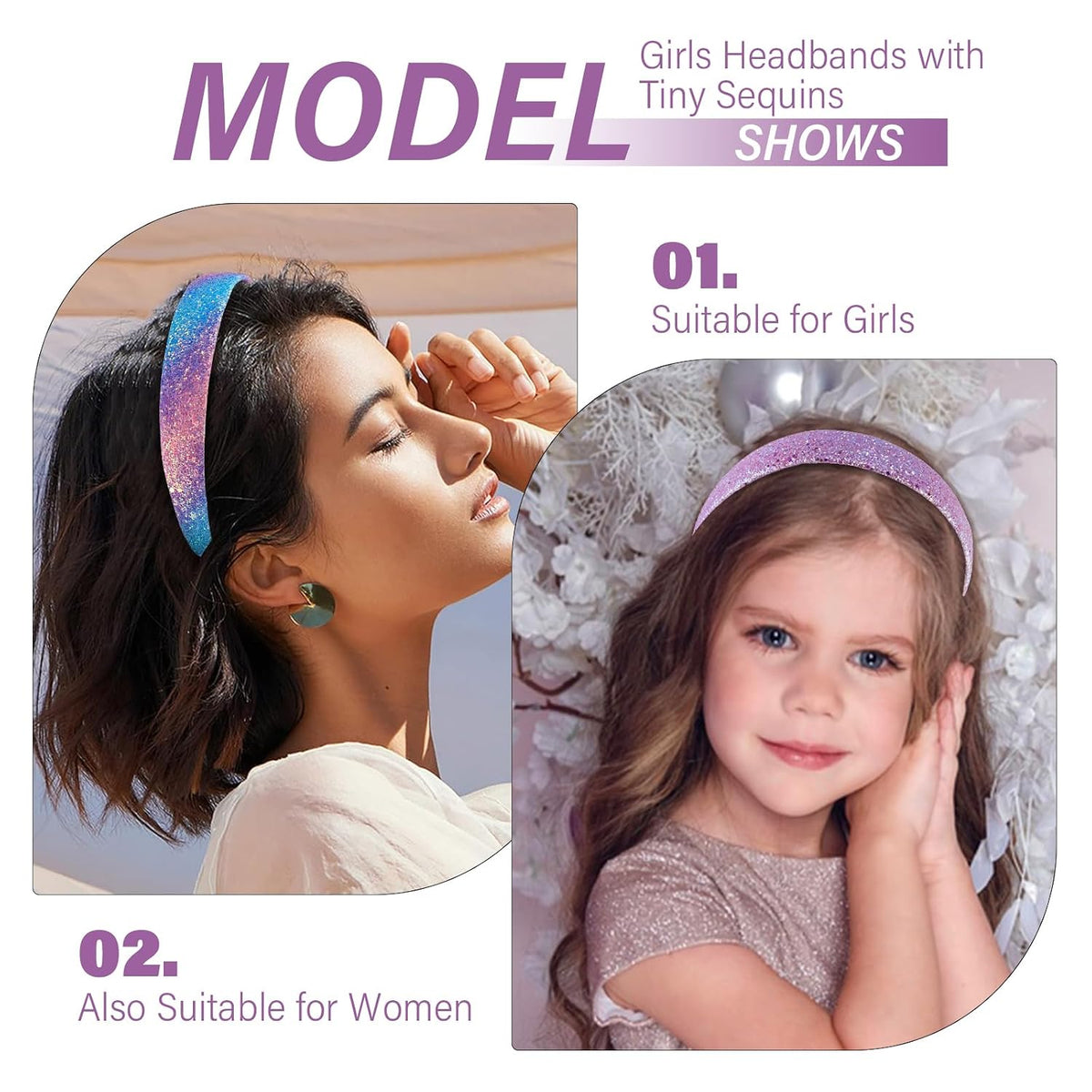 Headbands for Women Girls Hair Accessories Glitter Purple Blue Headband Hair Accessories for Girls Sparkly Headband Rose Gold HairBand for Girl Daily Outfit & Back to School, Holidays