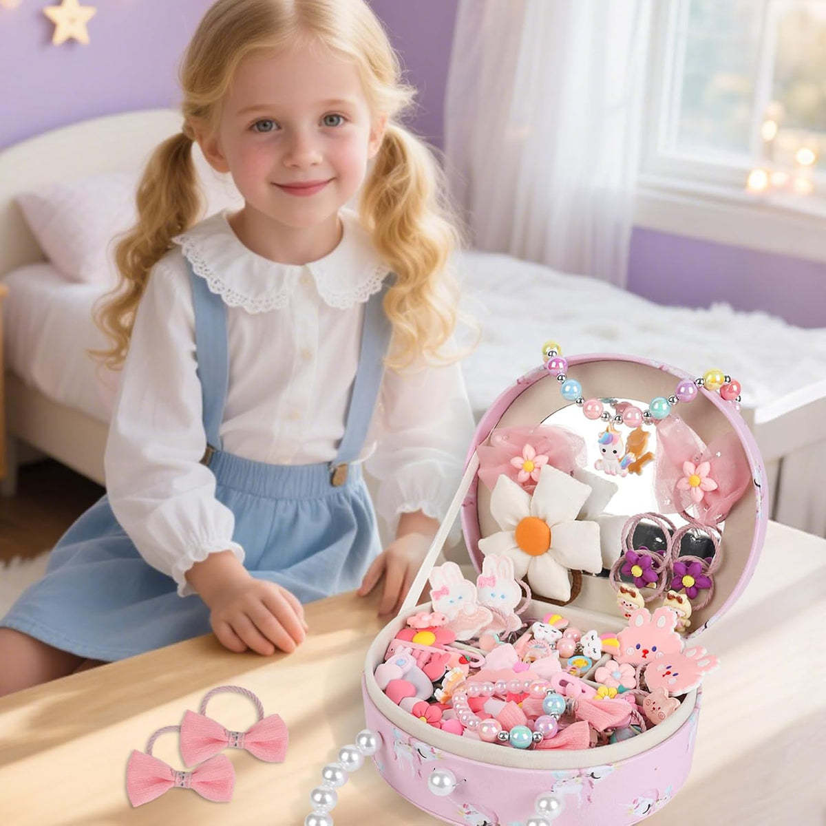 Princess Jewelry Box for Girls with Hair Accessories,Girls Hair Clips Bows Set, Fashion Hair Styling Kit with Mirror,Pink Sparkle Trinket Box Includes Hair Clips (Flower)