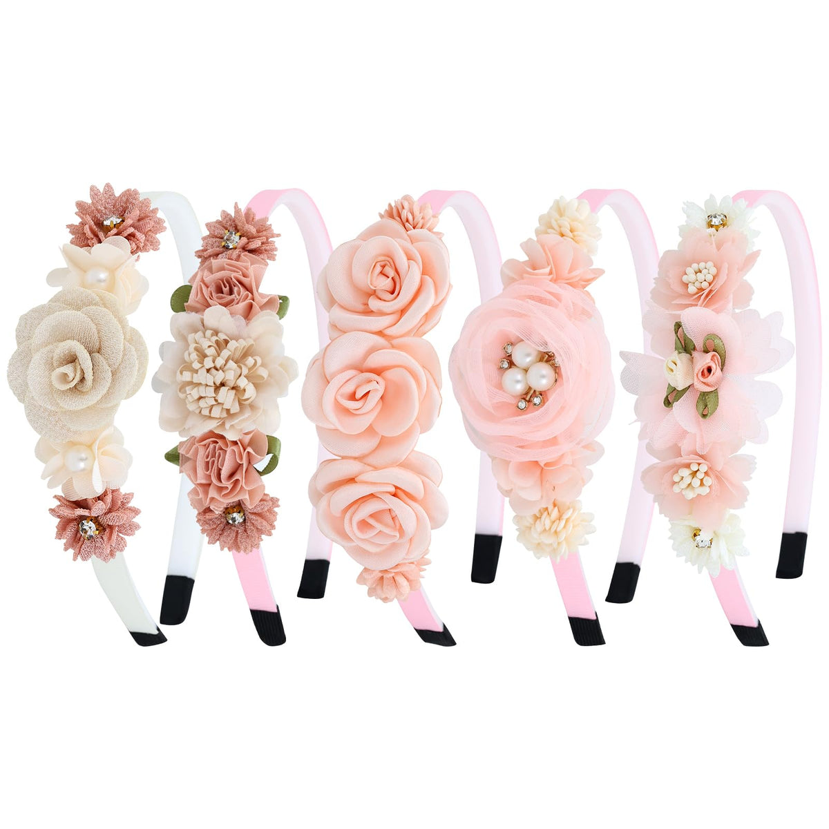 Dizila 5 Pieces Beige Pink Plastic Flower Headbands Floral Hair Bands Hoops Accessories for Baby Girls Toddlers Kids Teens