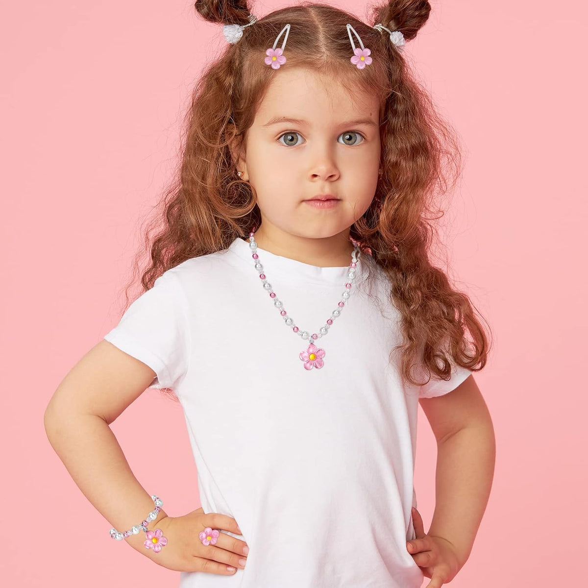 BGSHEMNI Girls Flower Jewelry Set - Toddler Dress up 5 Piece Pretend Plasy Toy Jewelry Box Set with Bead Necklace, Bracelet Ring and Hair Clips - Play Accessories - Ages 3+ Girl Birthday Gifts