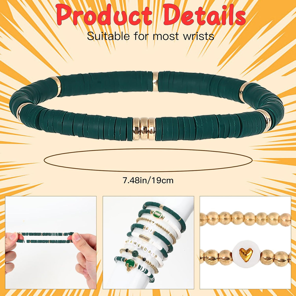 NZKNP 8 Pcs Game Day Bracelets for Women,Football Mom Accessories & Outfits Jewelry Gifts,Football Stackable Clay Beaded Stretch Bracelets,Sports Charm Bracelet Bangles