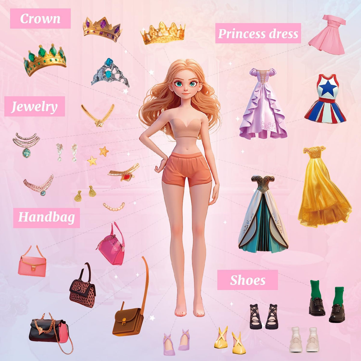 PAGEMORE 25 Sheets Fairy Princess Dress Up Stickers, Make Your Own Paper Doll Craft Stickers for Scrapbooking, Junk Journal, Planner, Card Making, Party Favors, Art & Craft Supplies