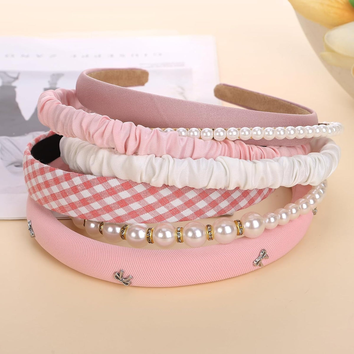 Headbands Girls 7Pcs Wide Head Bands for Kids Pink HeadBands White Pearl Headband Toddlers Women Thin Hairbands Fashion Non-Slip Elastic Head Bands for Kids Children