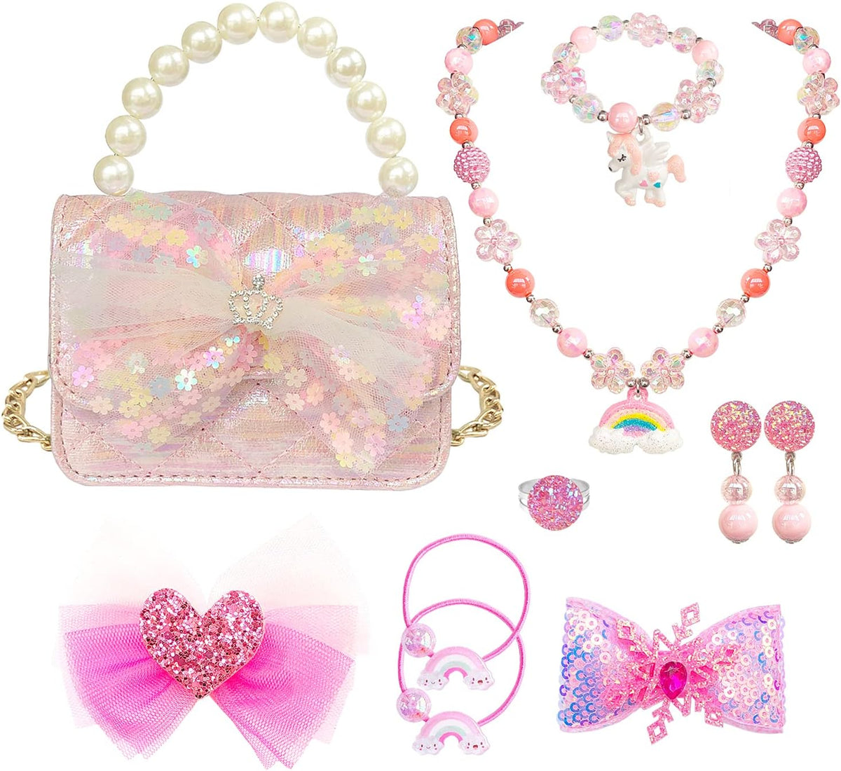 ELEMIRSA Girl Handbag Purse for Little Girls Kids Pretend Play Dress Up Necklace Hair Accessories Jewelry Set, Light Pink