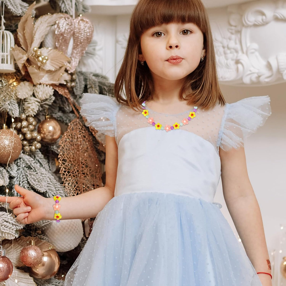 Girls Jewelry Set - Cute Flower Beads Necklace Bracelet-Toddler Girls Flower Jewelry - Stretchy Chunky Costume Jewelry Present Toy-Yellow