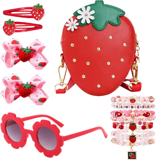 TRASUN Strawberry Purse for Girls Strawberry Accessories Gift Set Strawberry Toddler Crossbody Bag Hair Clip Bracelets Sunglasses