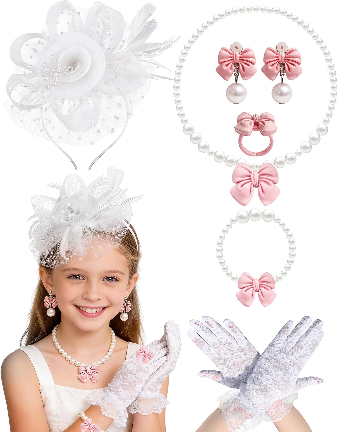 Girls Tea Party Fascinators Hats Set Tea Party Headband Lace Glove Pearl Necklace Set for Tea Party Wedding Accessories