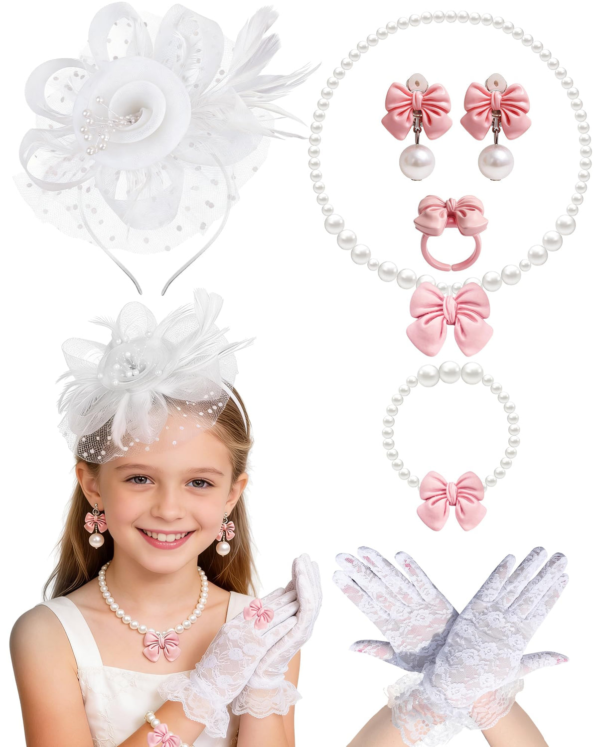 Girls Tea Party Fascinators Hats Set Tea Party Headband Lace Glove Pearl Necklace Set for Tea Party Wedding Accessories