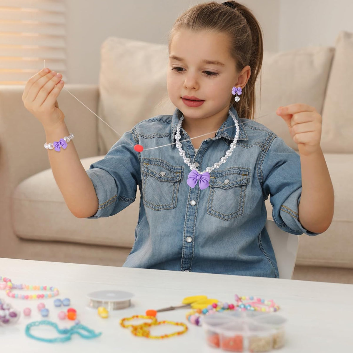 Princess Jewelry for Little Girls, Handmade Bow Pearl Kids Jewelry Set, Stretch Necklace Bracelets Rings and Clip on Earrings, Perfect for Dress Up, Birthday Parties, and Costume Play