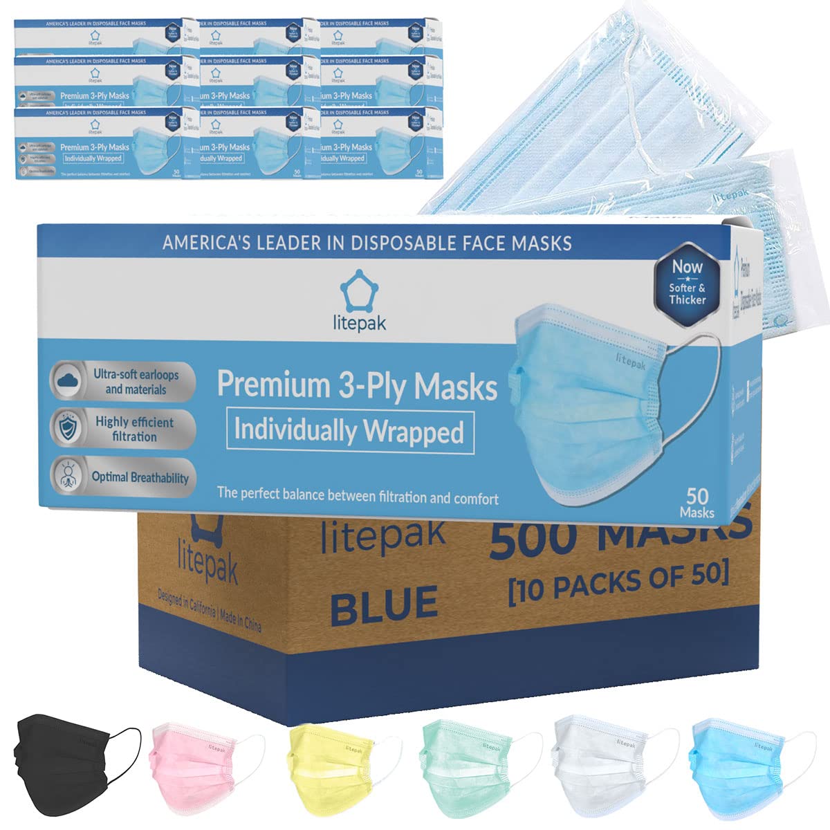 Litepak 500pcs Premium Disposable Face Mask SOFT 3ply Nose Wire