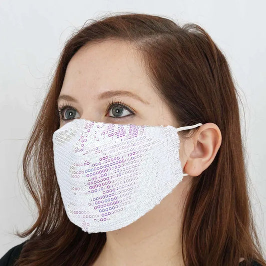 Unisex 5-Pack White Sequined Cotton Protective Masks, Safety Reusable Daily Wear Face Coverings with Ear Loops, Fancy Look Fashion Face Mask Accessories