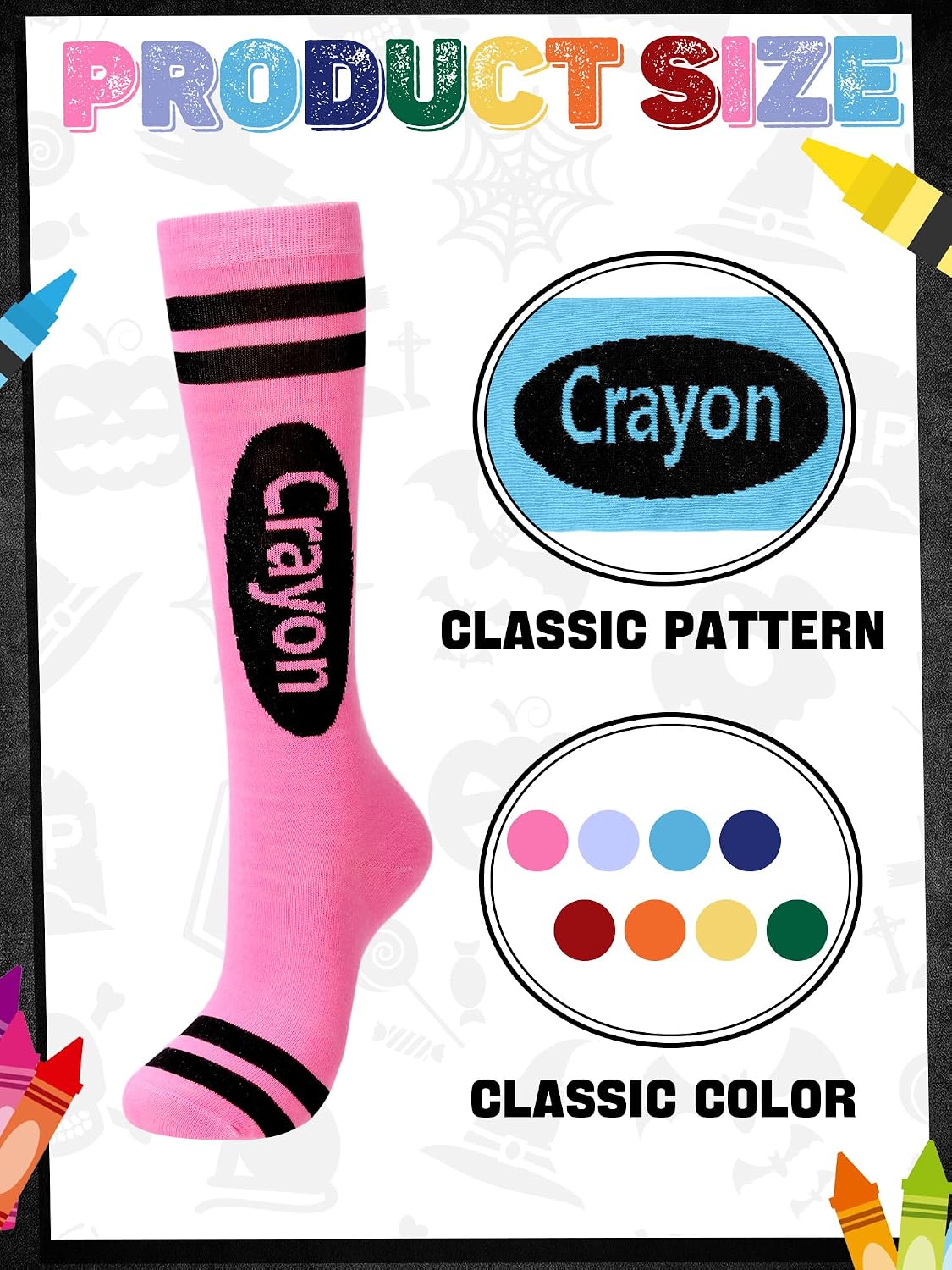 Glitopper 8 Pairs Crayon Knee High Socks for Girls Halloween Crayon Socks