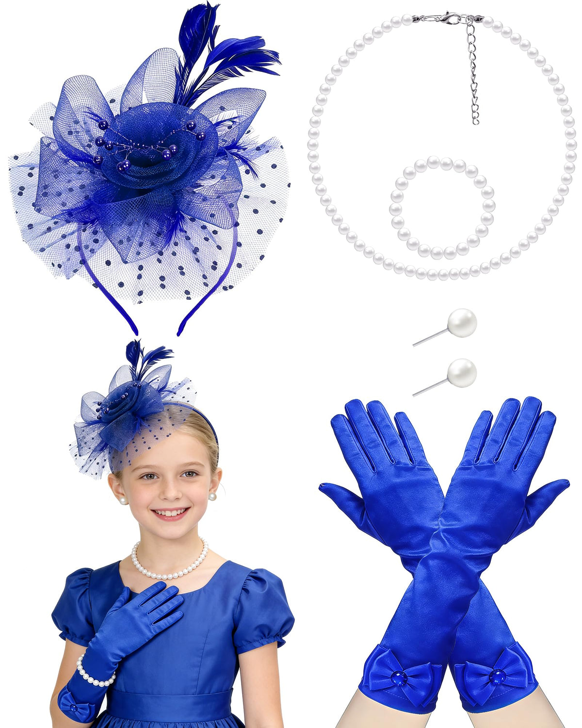 Girls Tea Party Fascinators Hats with Lace Gloves Pearl Necklace Earring Jewelry for Tea Party Wedding Accessories