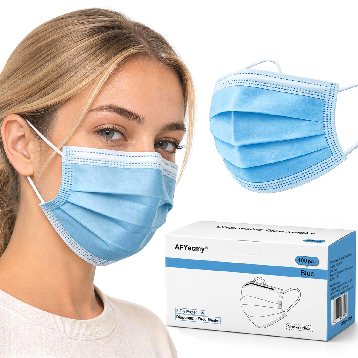 Disposable Face Masks 100 Pack, 3-Ply Breathable Masks with Soft Comfortable Earloops, Adjustable Nose Clip for Office, Travel, School & Public Use, Black