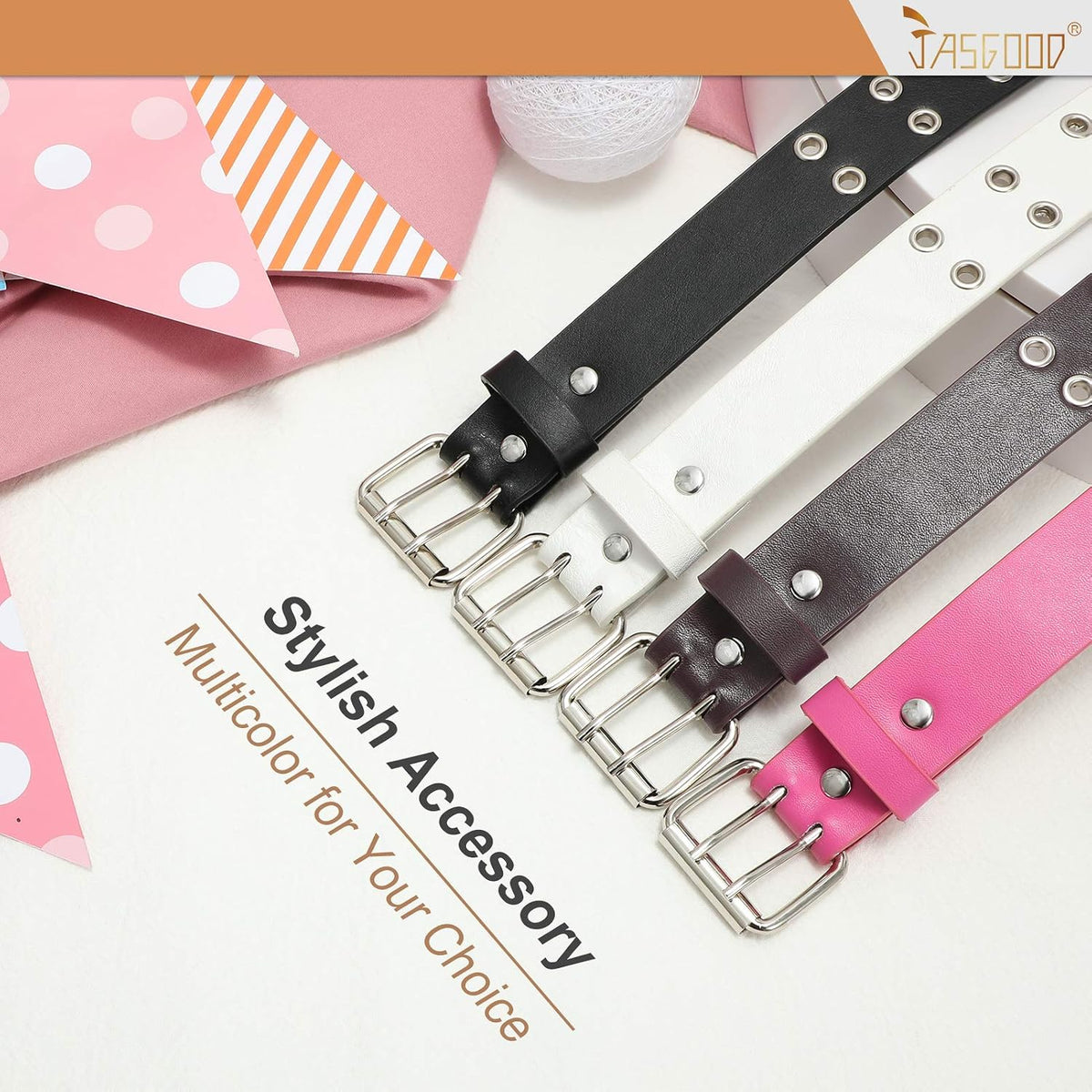 JASGOOD Kids Double Grommet Belt for Girls and Boys, PU Leather Kids Double Studded Holes Belt for Jeans Pants