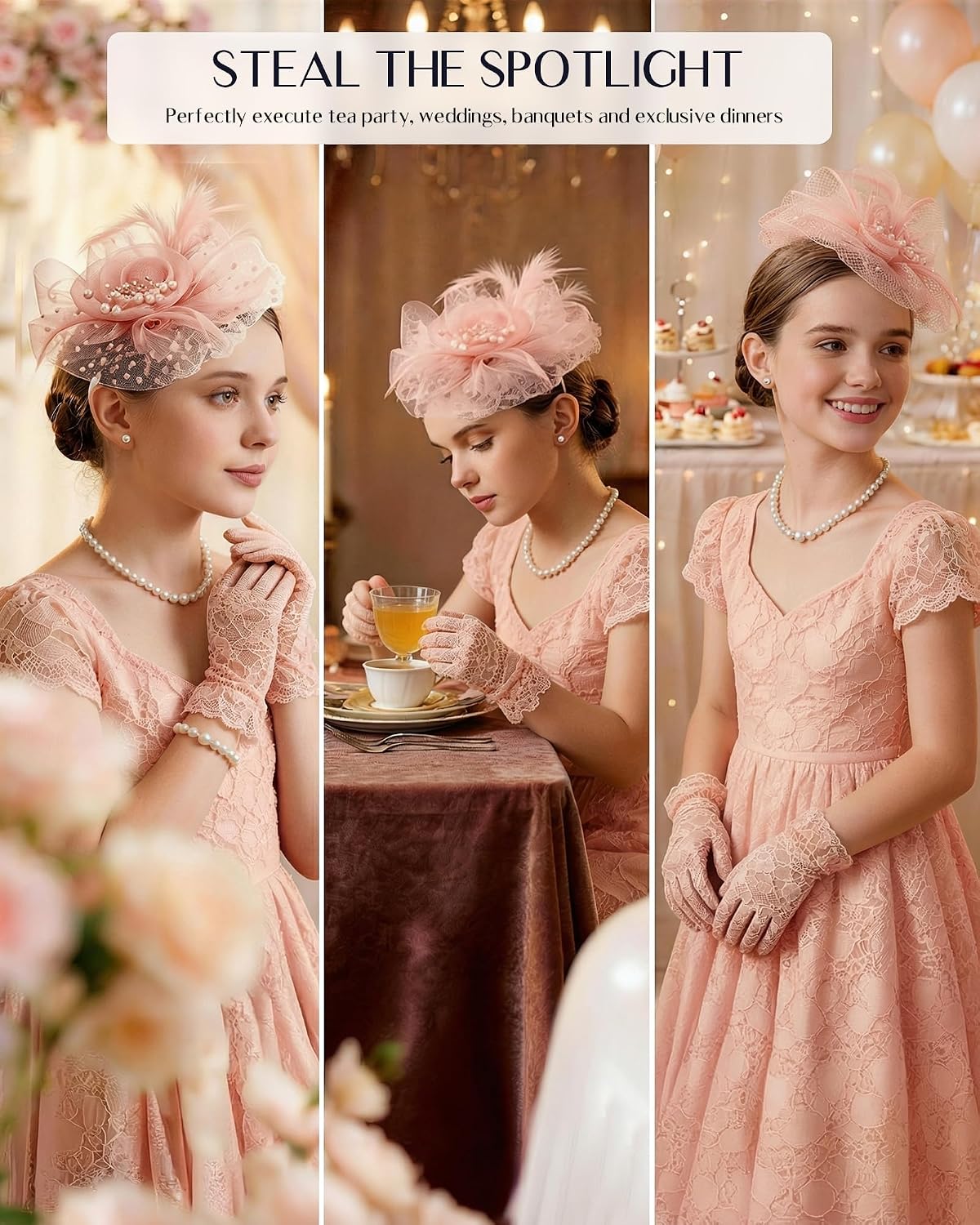 Girls Tea Party Fascinator Hats Headband for Kids with Gloves Accessories