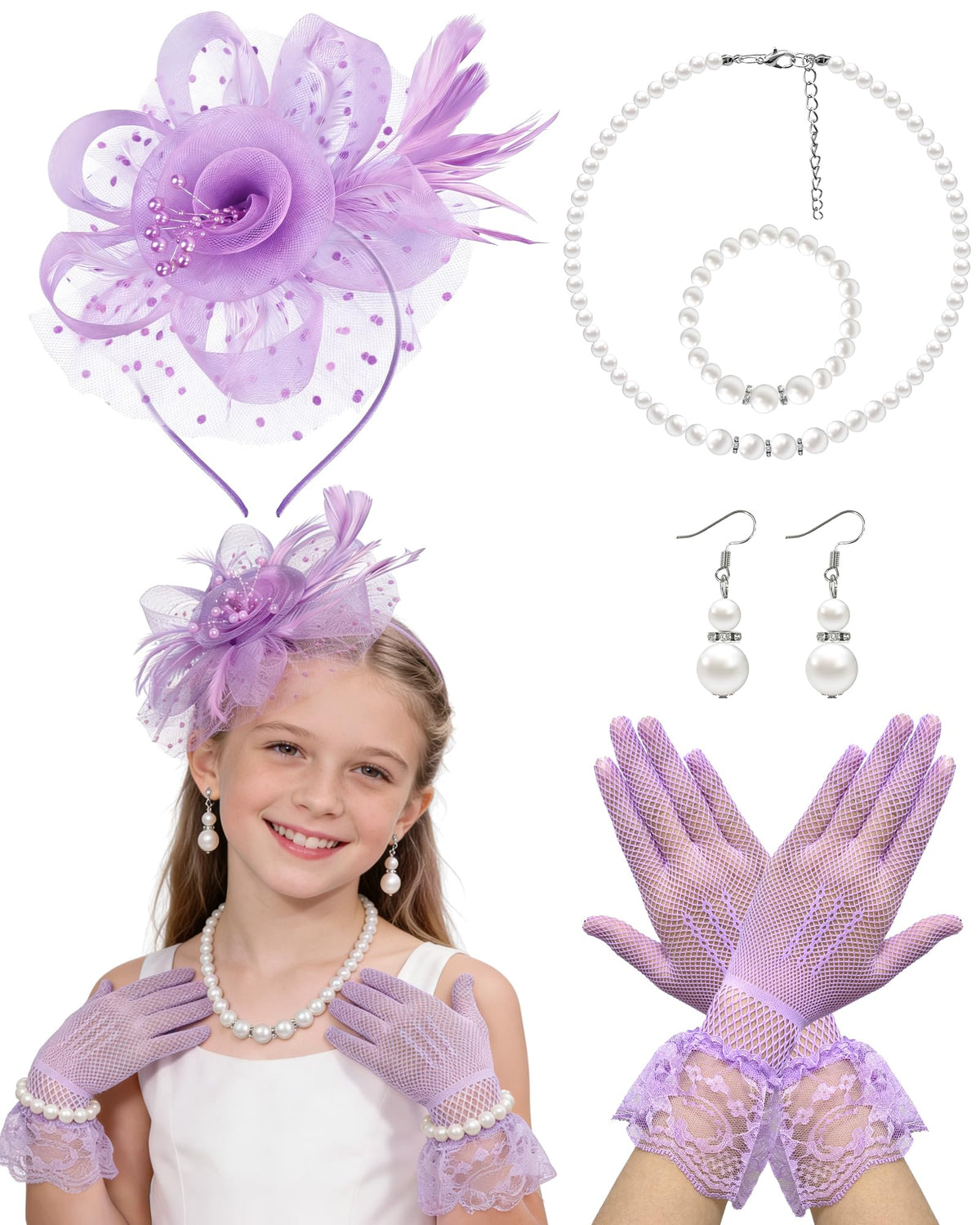 Gril Tea Party Hat Fascinators with Gloves for Church Wedding 1920s 50s Party Cosplay Accessories