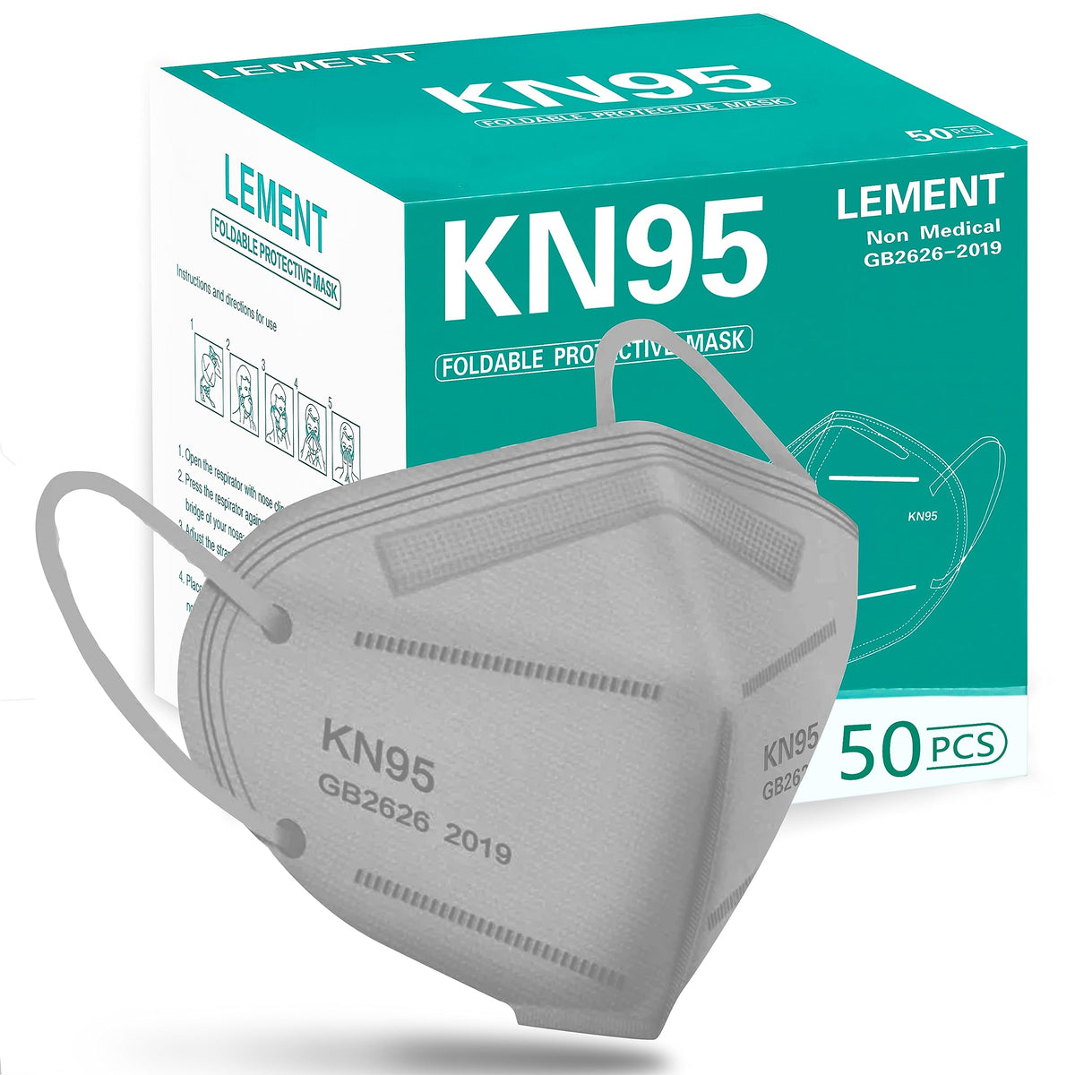 LEMENT 50pcs KN95 Face Mask Black 5-Layer Filter≥95% Cup Dust Safety Masks