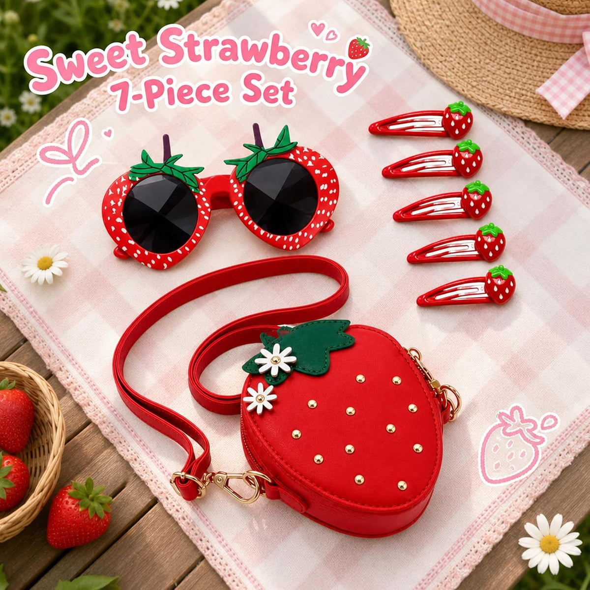 Strawberry Purse Accessory Set with 5 Red Hair Clips, 1 Red Strawberry Glasses, and 1 Red Bag，Daily Accessory Carrying, Special Occasion Styling