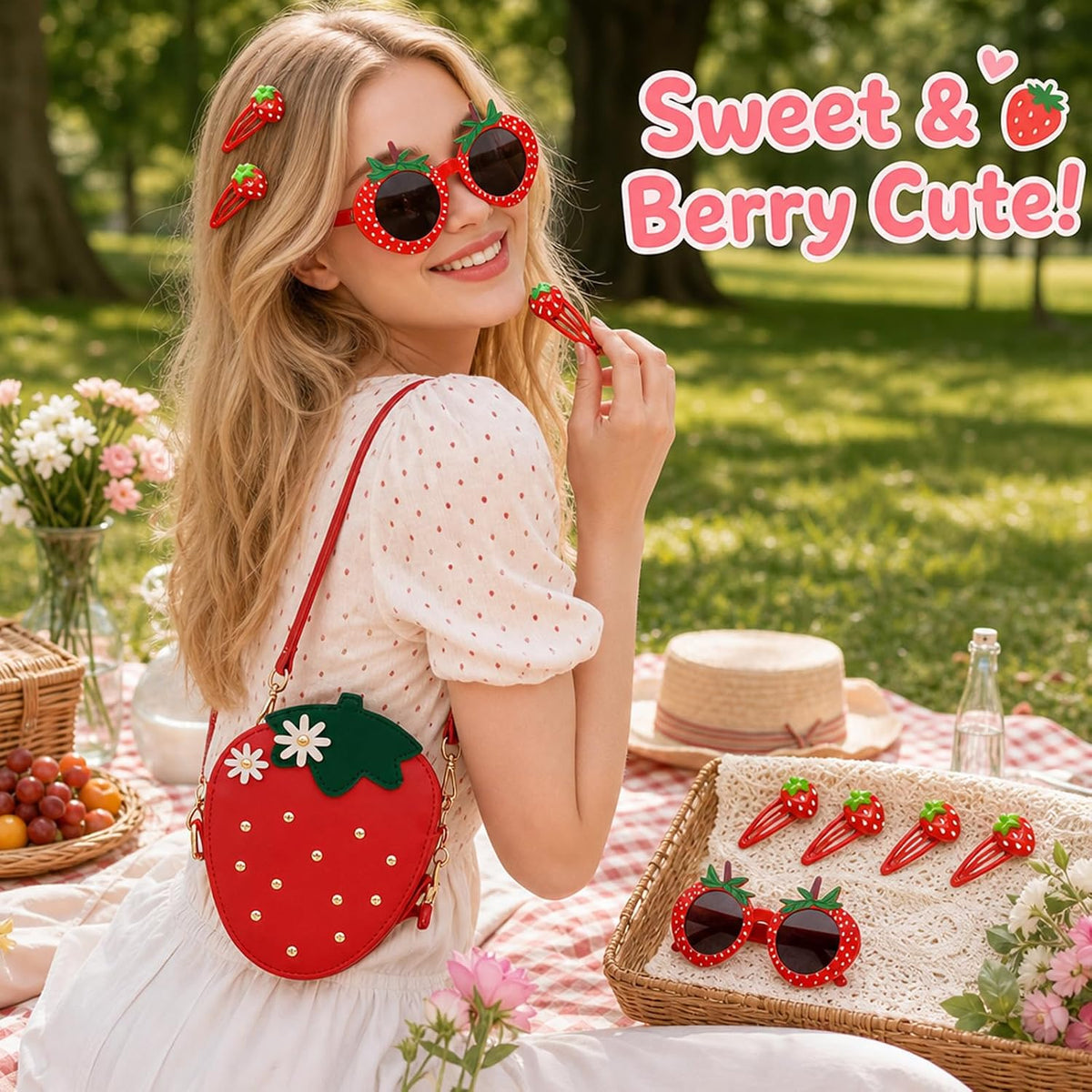 Strawberry Purse Accessory Set with 5 Red Hair Clips, 1 Red Strawberry Glasses, and 1 Red Bag，Daily Accessory Carrying, Special Occasion Styling