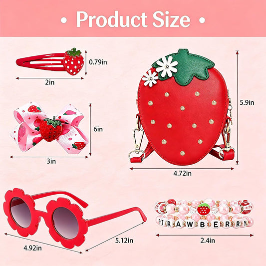 TRASUN Strawberry Purse for Girls Strawberry Accessories Gift Set Strawberry Toddler Crossbody Bag Hair Clip Bracelets Sunglasses