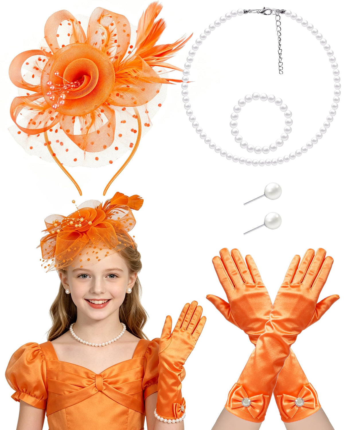 Girls Tea Party Fascinators Hats with Lace Gloves Pearl Necklace Earring Jewelry for Tea Party Wedding Accessories