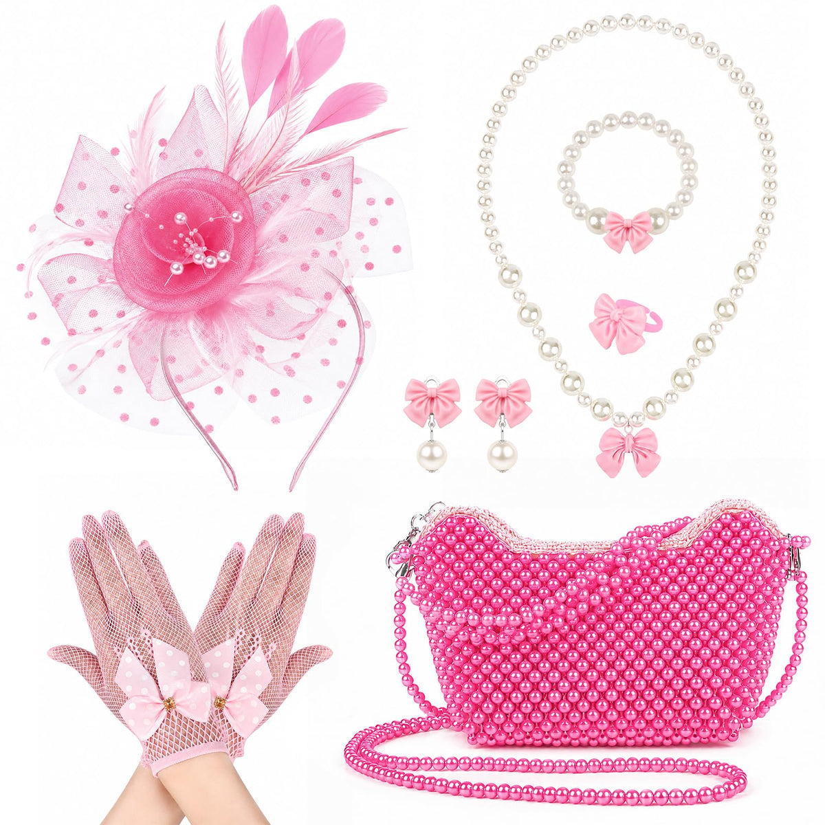 Girls Tea Party Fascinator Hat Beaded Purse Gloves Kids Jewelry Set