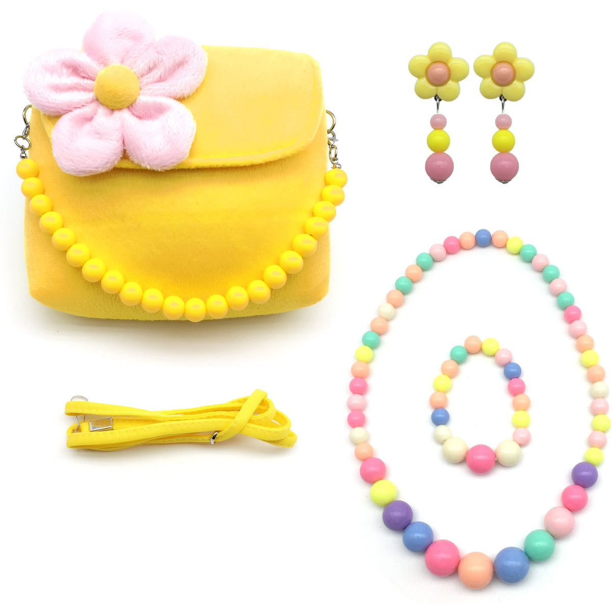 Elesa Miracle Little Girl Bag Beauty Set Plush Handbag + Flower-Shaped Clip-on Earrings + Necklace and Bracelet Set (Blue)