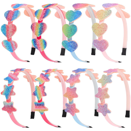 XIMA 8pcs Girls Glitter Headbands, Sparkly Heart Star Kids Hair Bands